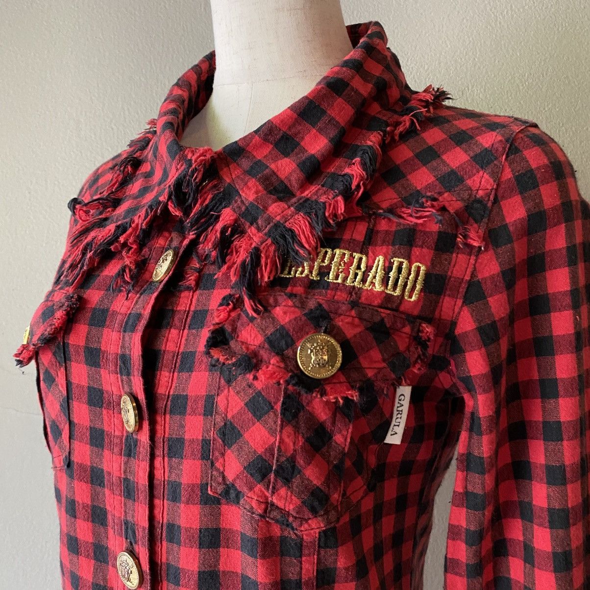 Designer × Japanese Brand GARULA Y2K Punk Red Black Check Frayed Shirt Size M / US 6-8 / IT 42-44 - 3 Thumbnail