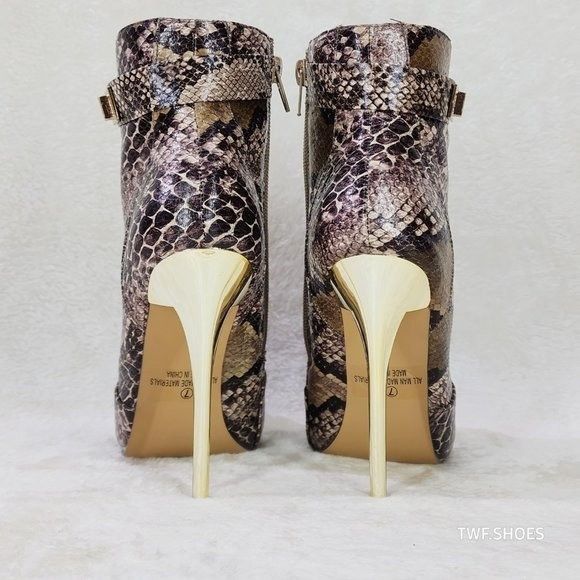 Other Adamarys Brown Snake Print Open Toe Ankle Boots Gold Slim St Size US 7 / IT 37 - 3 Thumbnail