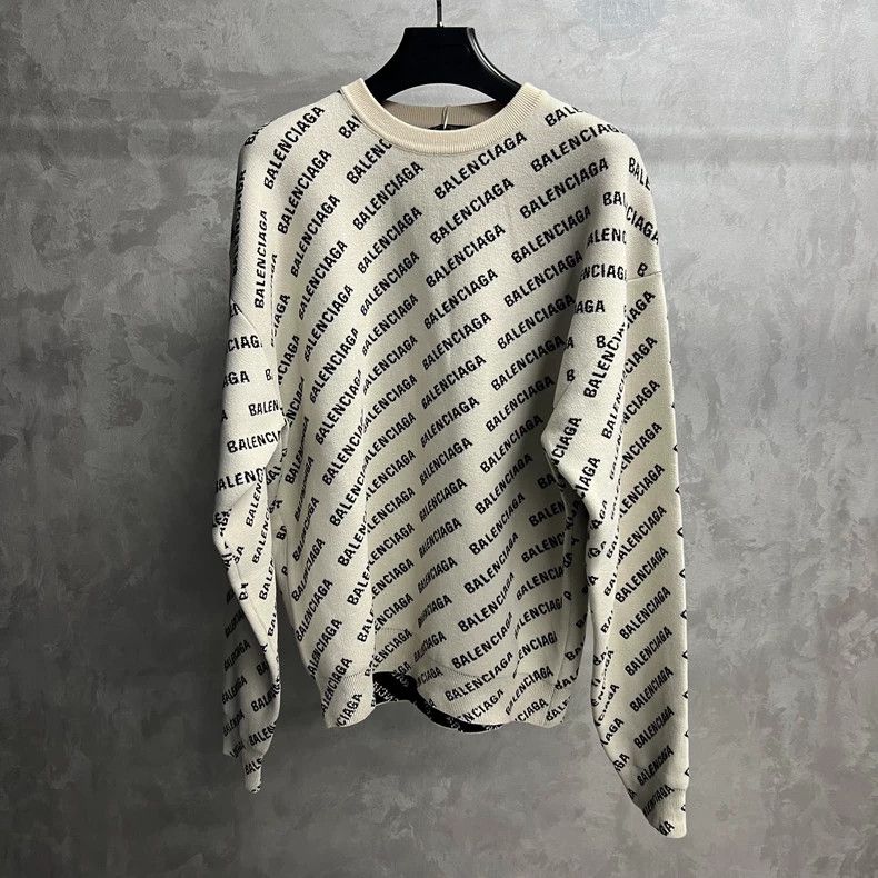 Balenciaga off white full print logo round neck sweater