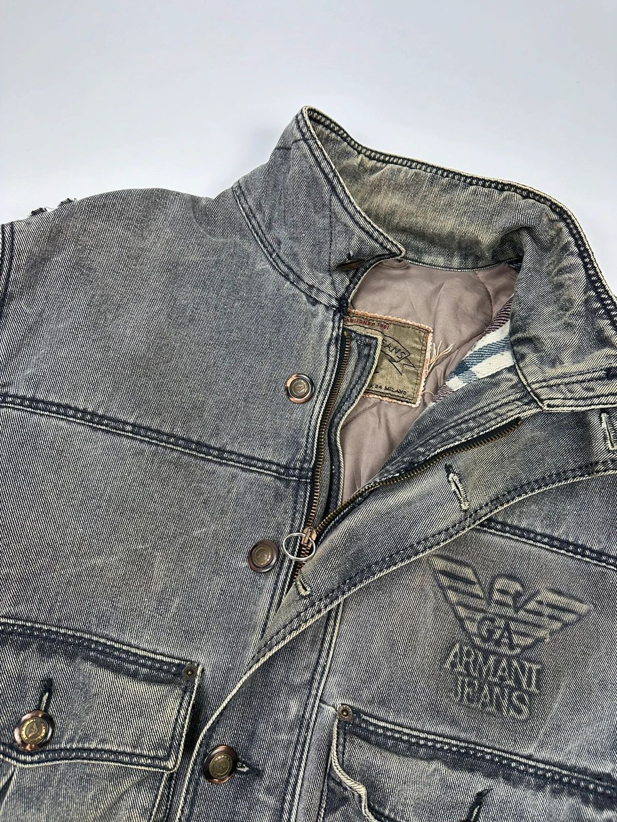Armani Armani Jeans 90’s Heavy Grey Faded Denim Jacket Coat Size US L / EU 52-54 / 3 - 6 Thumbnail