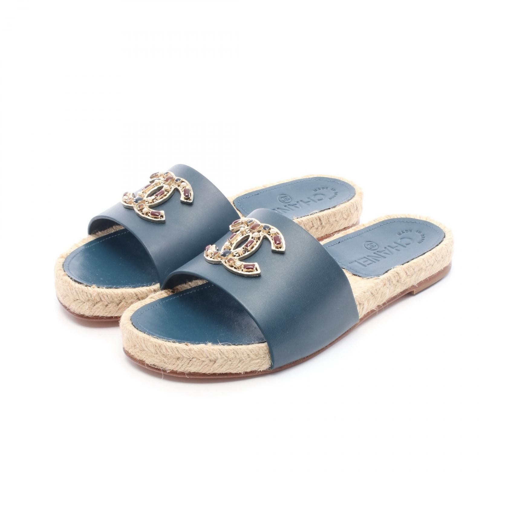 Chanel Chanel Coco Mark Espadrille Leather Raffia Sandals Leather Shoes G32607