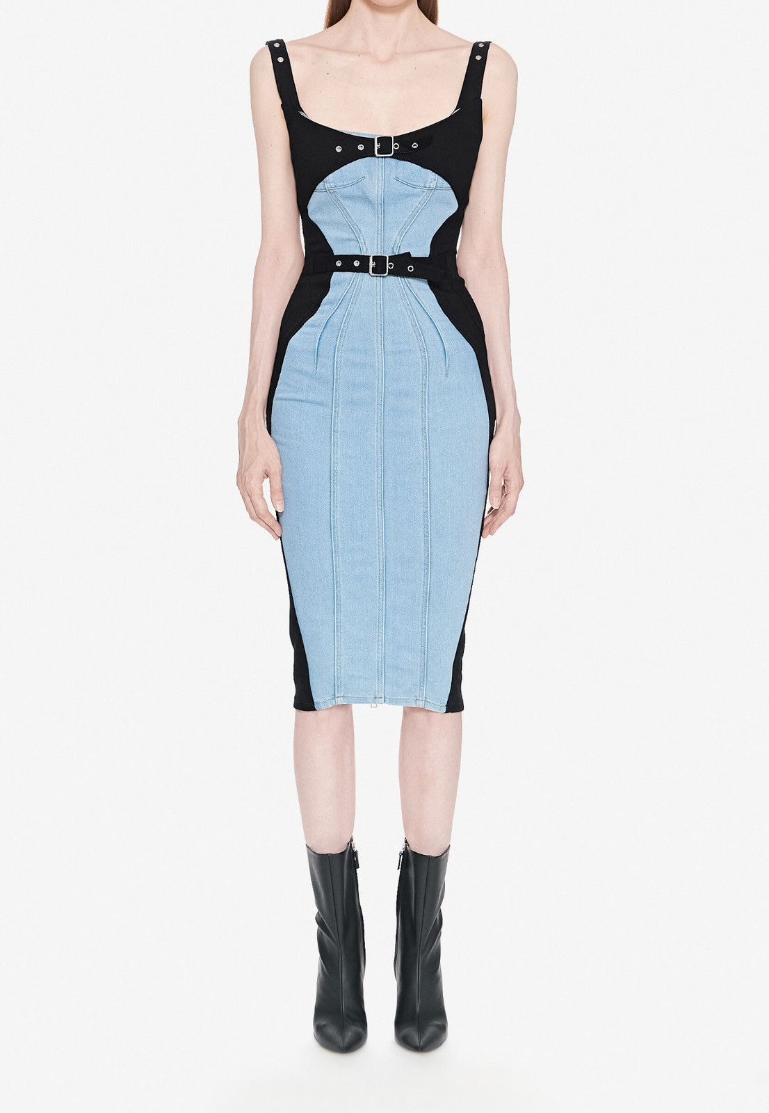 Mugler Last Size Mugler Panelled Denim Mix Media Mididress Size S / US 4 / IT 40 - 1 Thumbnail