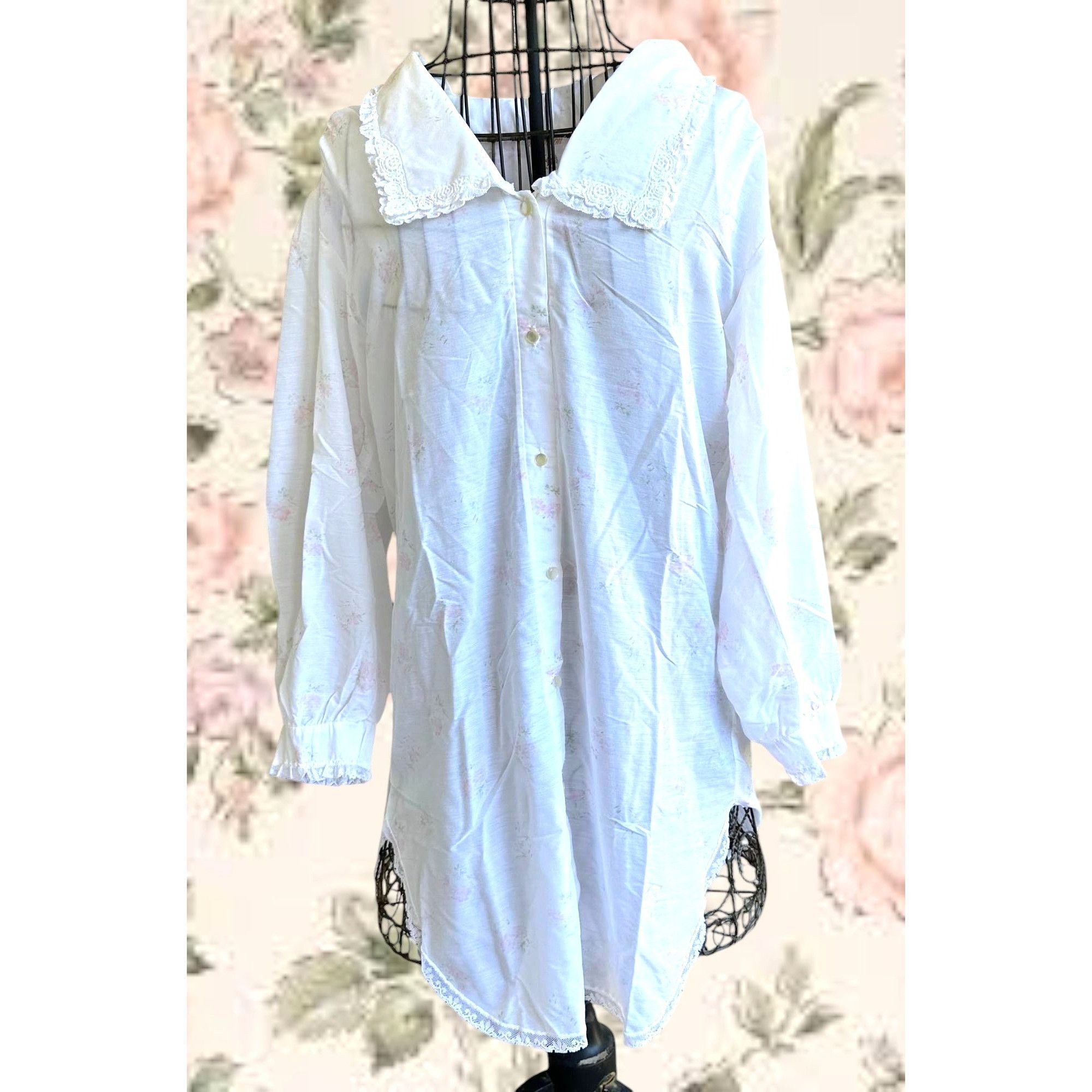 Designer × Vintage VTG Barbizon Nightgown Large Midi Night Shirt White Floral U Size L / US 10 / IT 46 - 3 Thumbnail