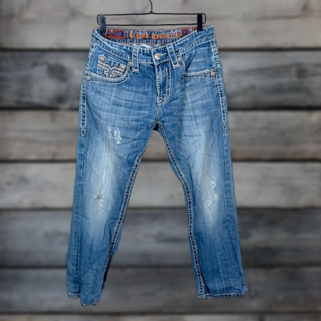 Vintage Rock Revival Jeans Straight 32x28 Men's Blue Distressed Studded 90s Rock Denim Denim Shirt? Size US 32 / EU 48 - 1 Thumbnail