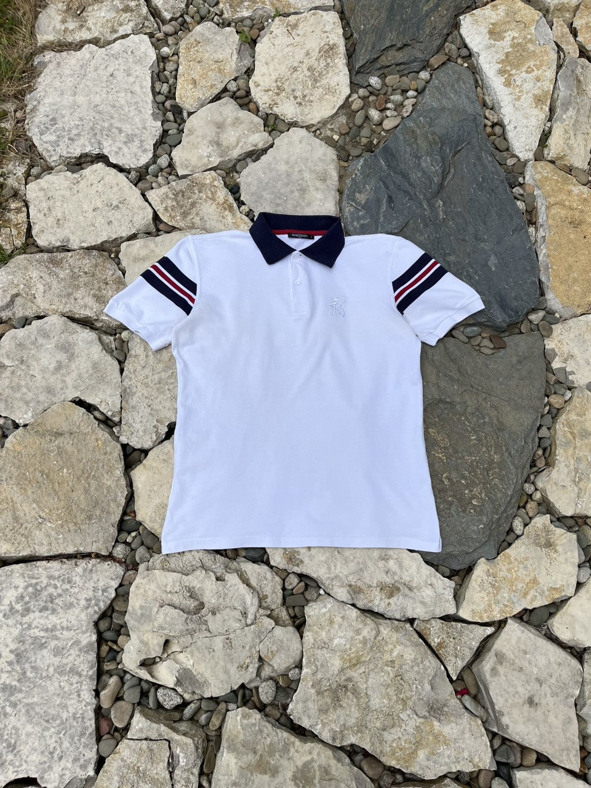 Balmain × Designer Balmain chest logo polo t-shirt tee with striped sleeves Size US L / EU 52-54 / 3 - 1 Thumbnail