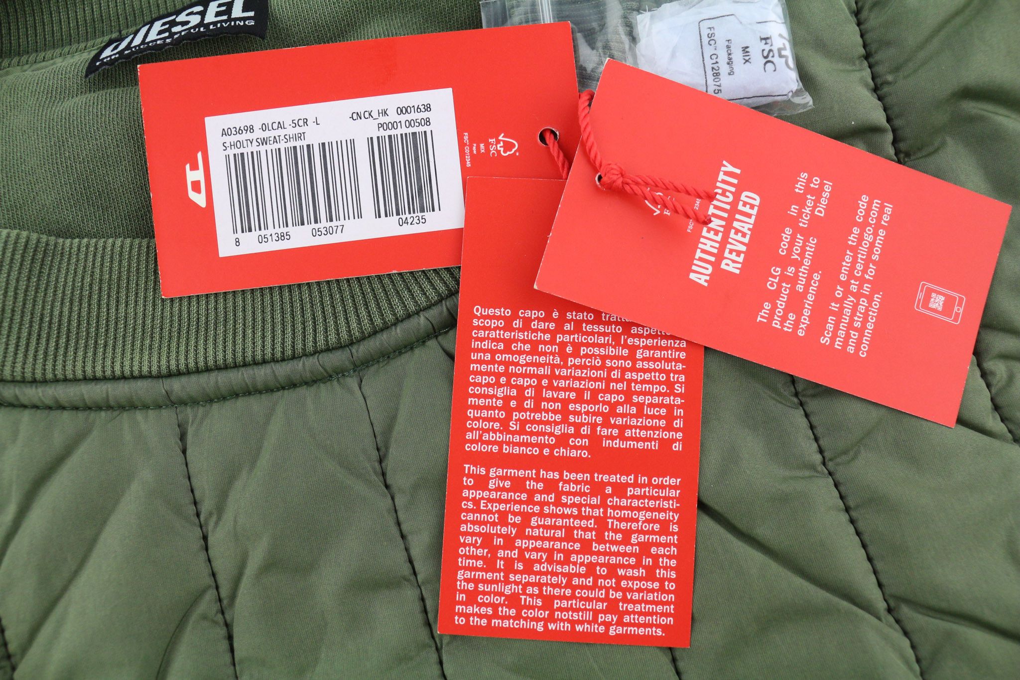 Diesel S-HOLTY L Green Quilted Crew Sweatshirt 40147 Size US L / EU 52-54 / 3 - 6 Thumbnail