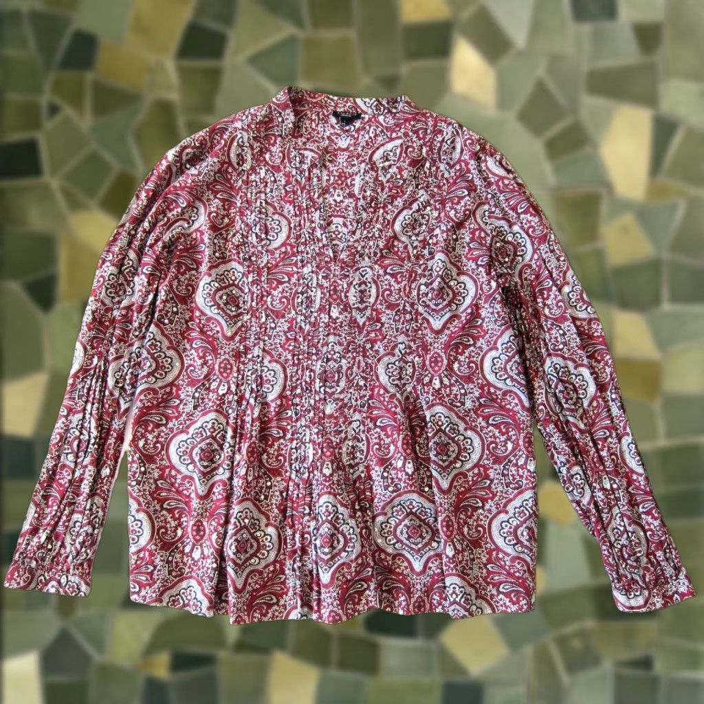 Talbots Talbot's Blouse Tunic V-Neck Long Sleeve 100% Cotton Red Black Paisley Sequin L Womens Size L / US 10 / IT 46 - 1 Thumbnail