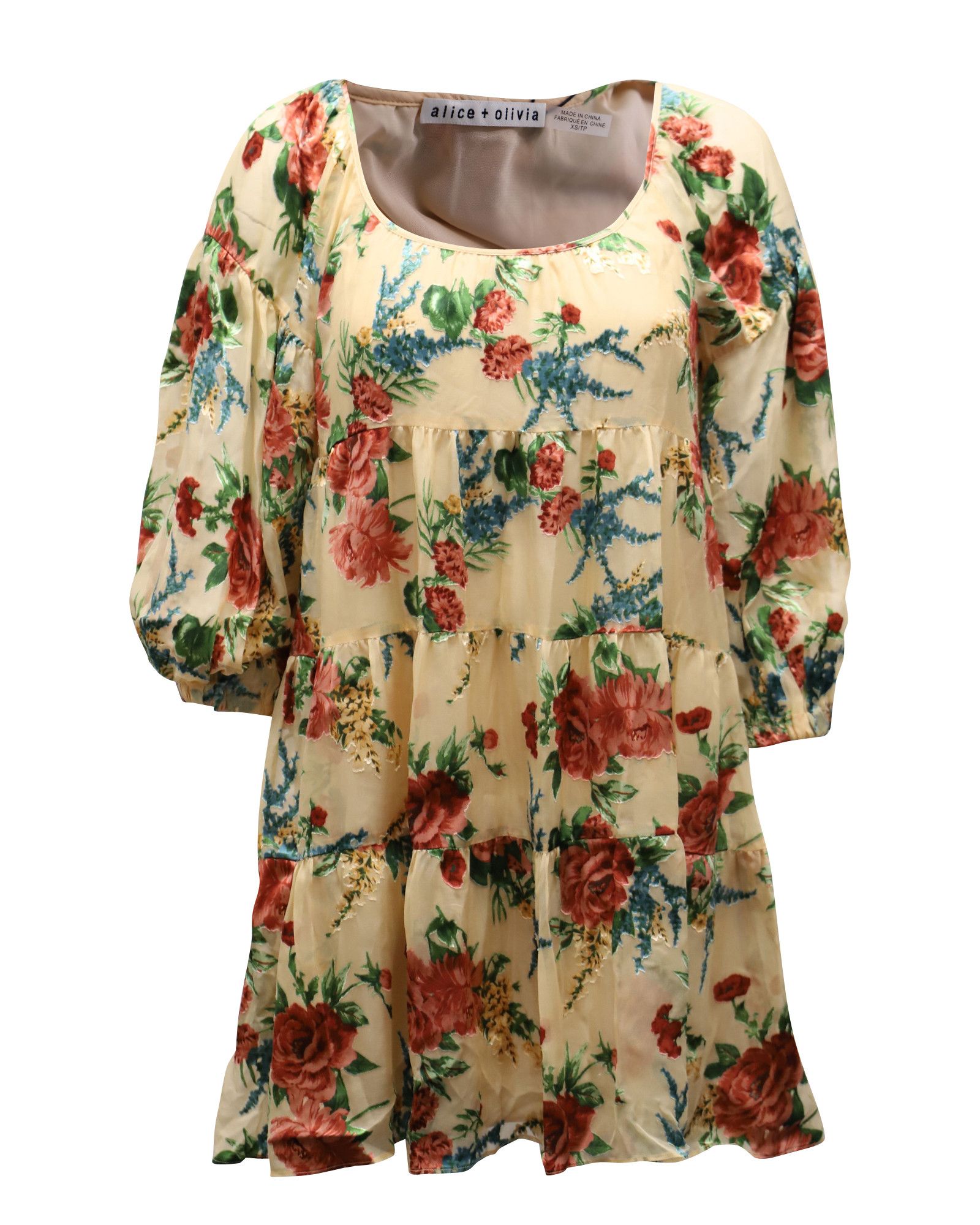 Alice + Olivia Alice + Olivia Floral Puff Sleeve Dress in Beige Viscose Size XS / US 0-2 / IT 36-38 - 1 Thumbnail