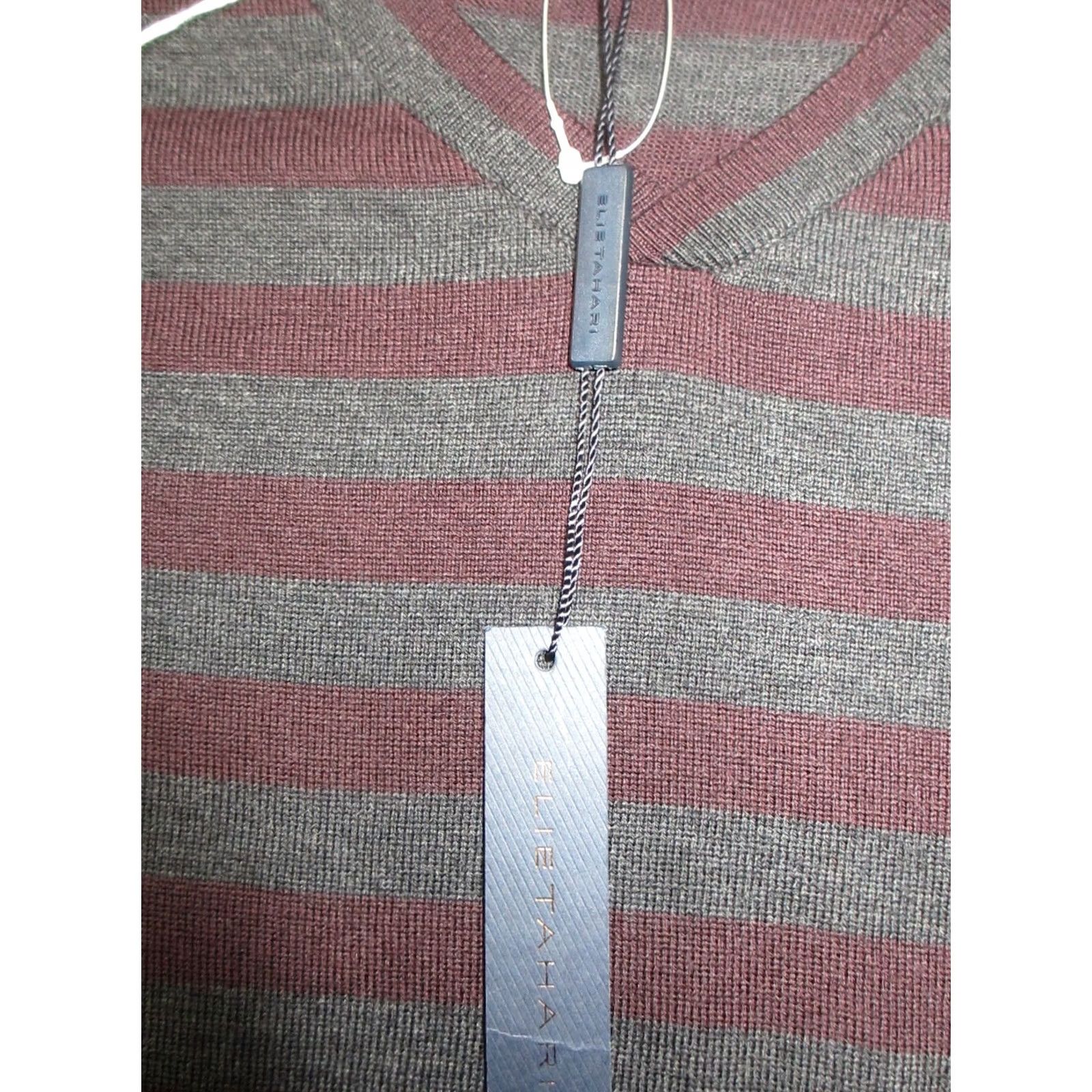 Elie Tahari Elie Tahari Benton Sweater Mens M Gray Maroon Striped Merino Wool V-Neck Pullover Knit Pattern Logo Long Sleeve Regular Fit Casual Winter Fall Mens Size US M / EU 48-50 / 2 - 2 Thumbnail