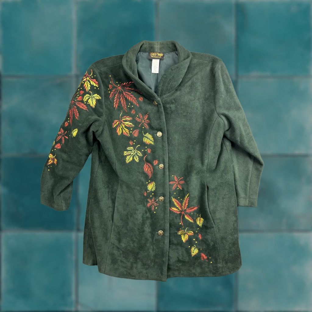 Bob Mackie VINTAGE Bob Mackie Wearable Art Jacket Womens L Green Embroidered Leaf Button Front Size L / US 10 / IT 46 - 1 Thumbnail