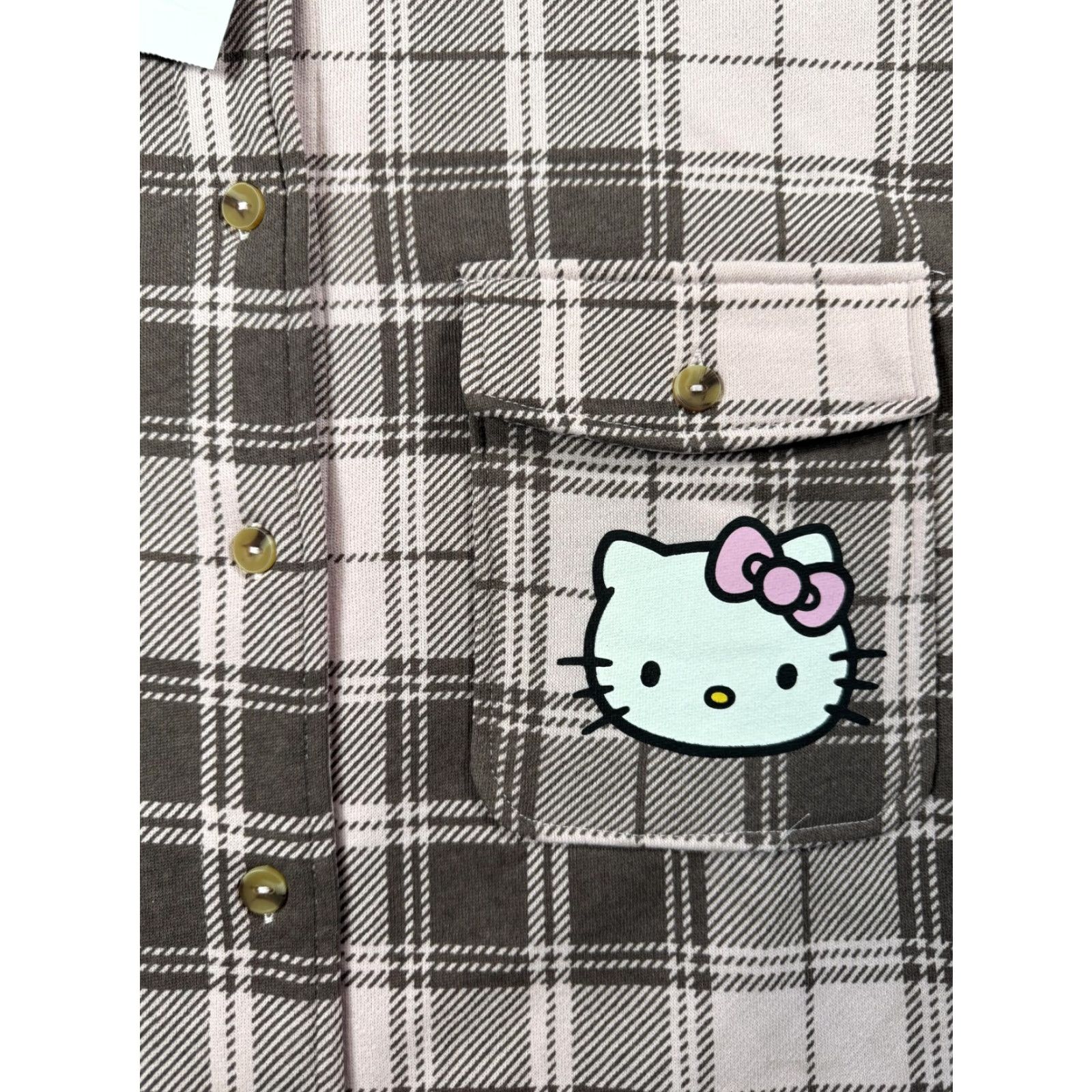 Hello Kitty Shirt Womens Small Pink Plaid Button-Up Sanrio Graphic Flannel Long Sleeve