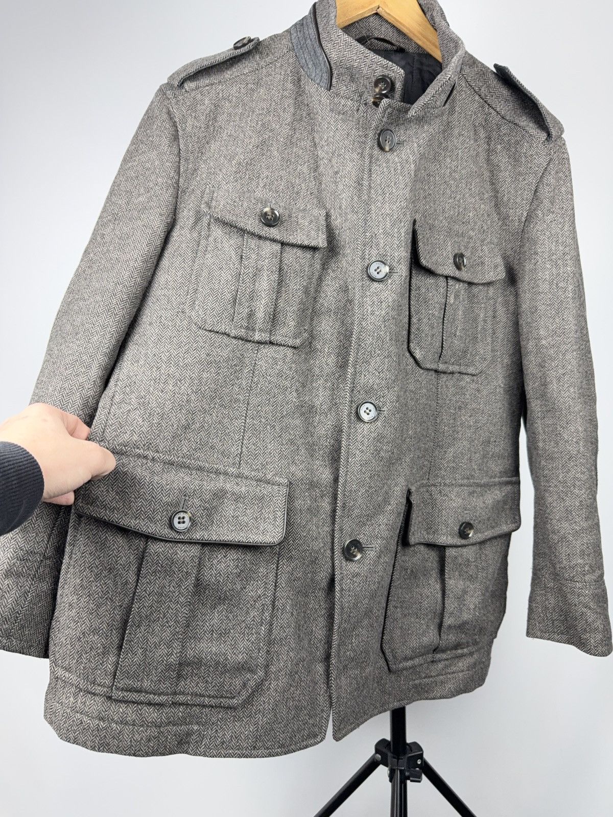 Hugo Boss Luxury 00s Hugo Boss Herringbone Field Jacket Grey Wool Size US L / EU 52-54 / 3 - 5 Thumbnail