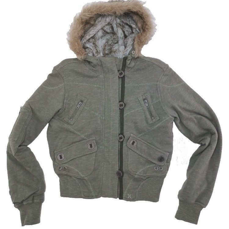 Hurley Hurley Hooded Faux Fur Trim Cargo Bomber Jacket Size M / US 6-8 / IT 42-44 - 4 Thumbnail