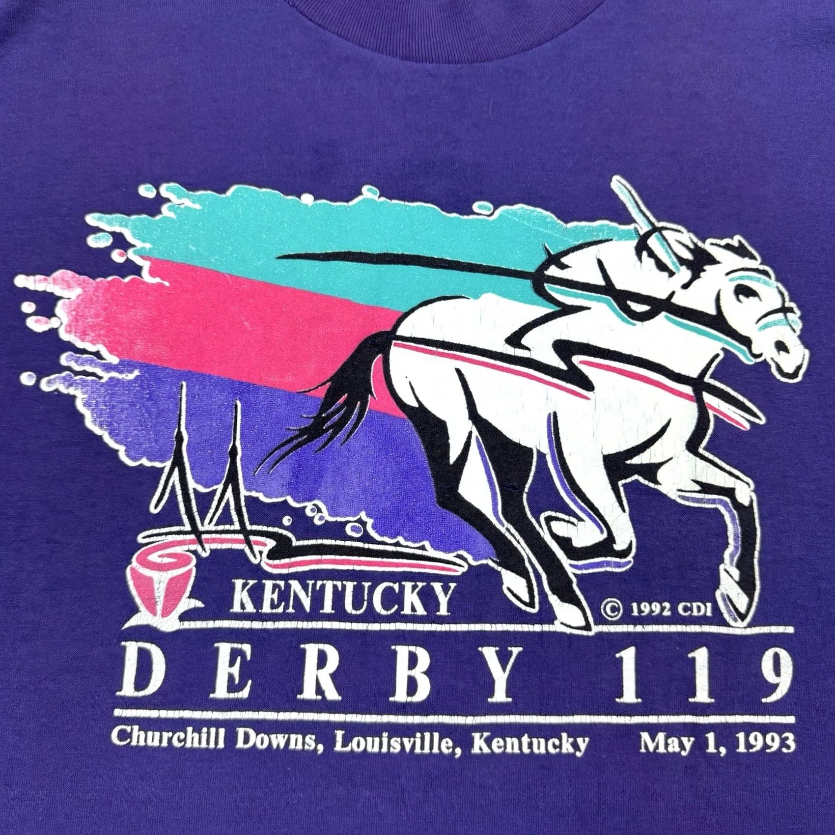 Vintage VINTAGE Kentucky Derby T Shirt Derby 119 Horse Racing 1993 USA 90s Mens L Purple Cotton Polyester Crew Neck Short Sleeve Trench USA Horse 90s Size US L / EU 52-54 / 3 - 3 Thumbnail
