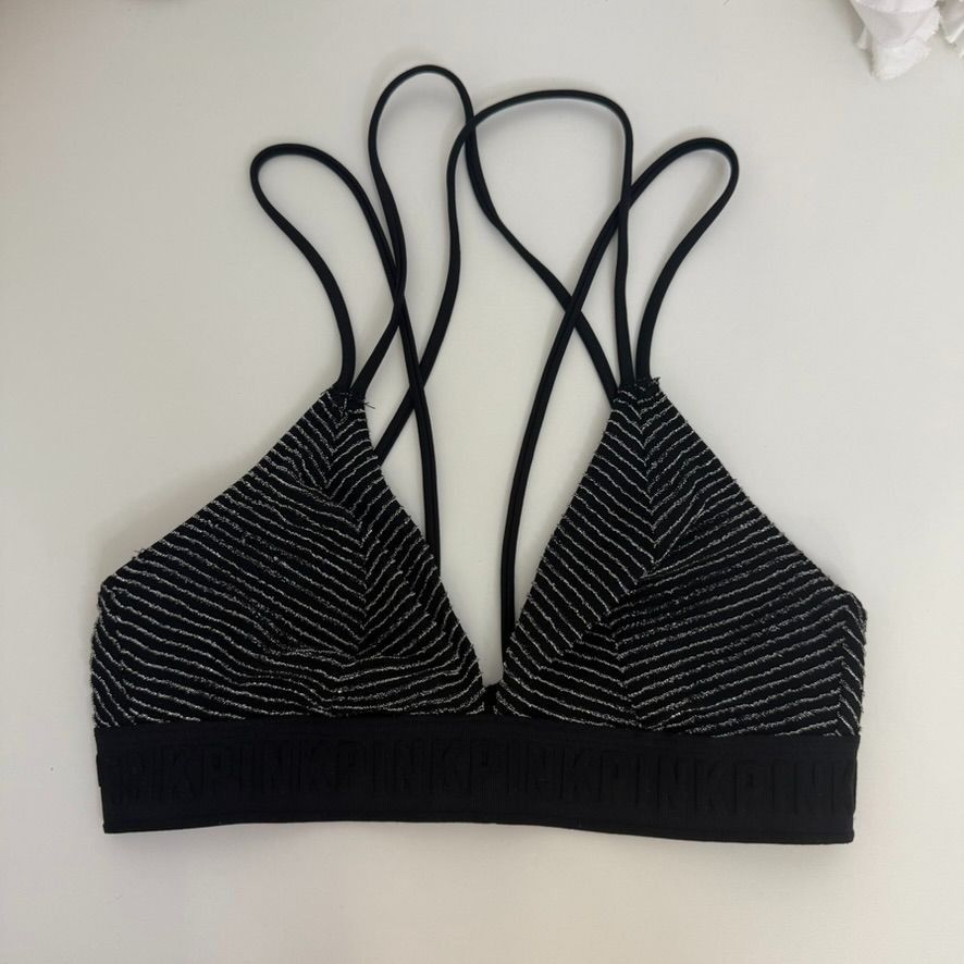 Pink Pink Victorias Secret Black & Silver Strappy Unlined Bralett Size ONE SIZE - 1 Thumbnail