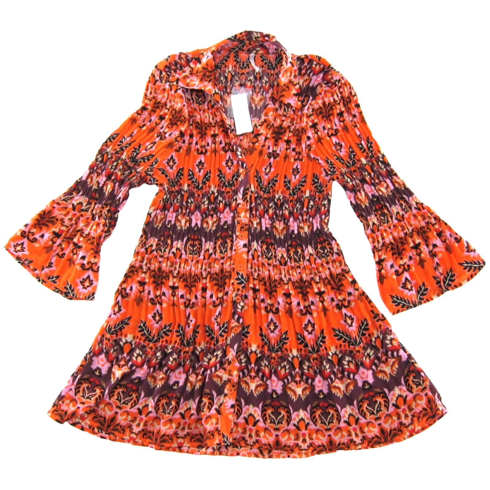 Vintage NWT Passports Blouse 3/4 Sleeve Button Up Pleated Floral Orange 2X Women Size XXL / US 16-18 / IT 52-54 - 2 Thumbnail