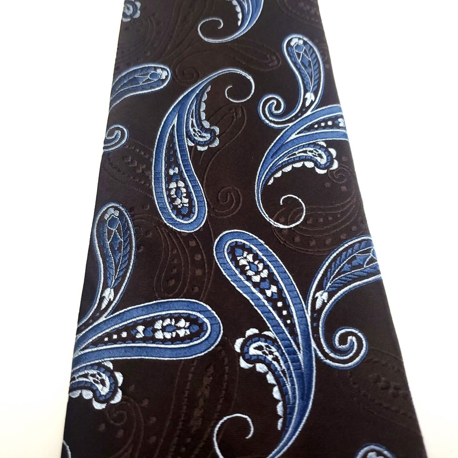 Van Heusen Van Heusen Brown Blue Silk Tie Woven Paisley Wide Size ONE SIZE - 2 Thumbnail