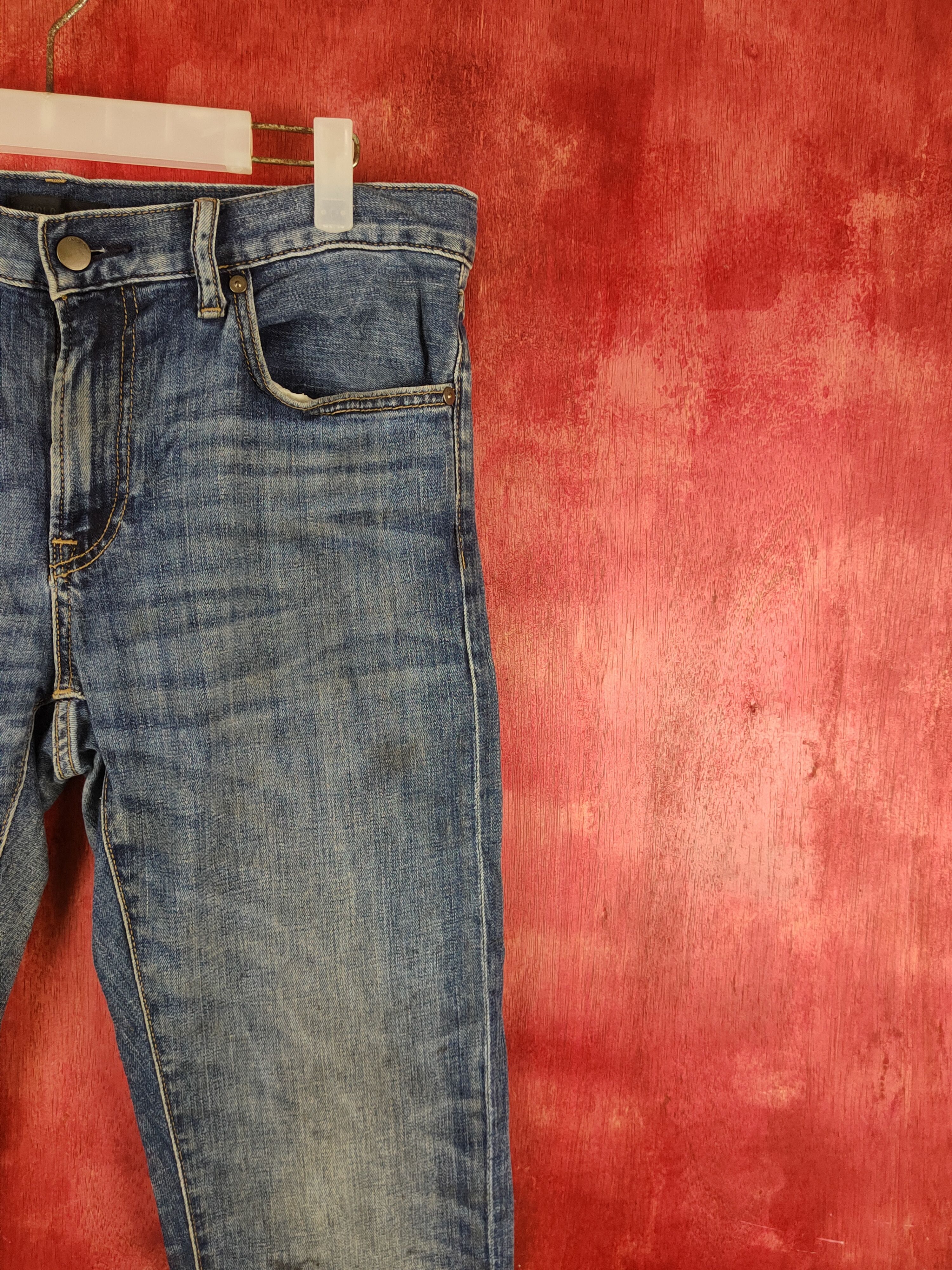 Japanese Brand Uniqlo Dark Blue Faded Distressed Ripped Jeans #S1777 Size US 33 - 5 Thumbnail