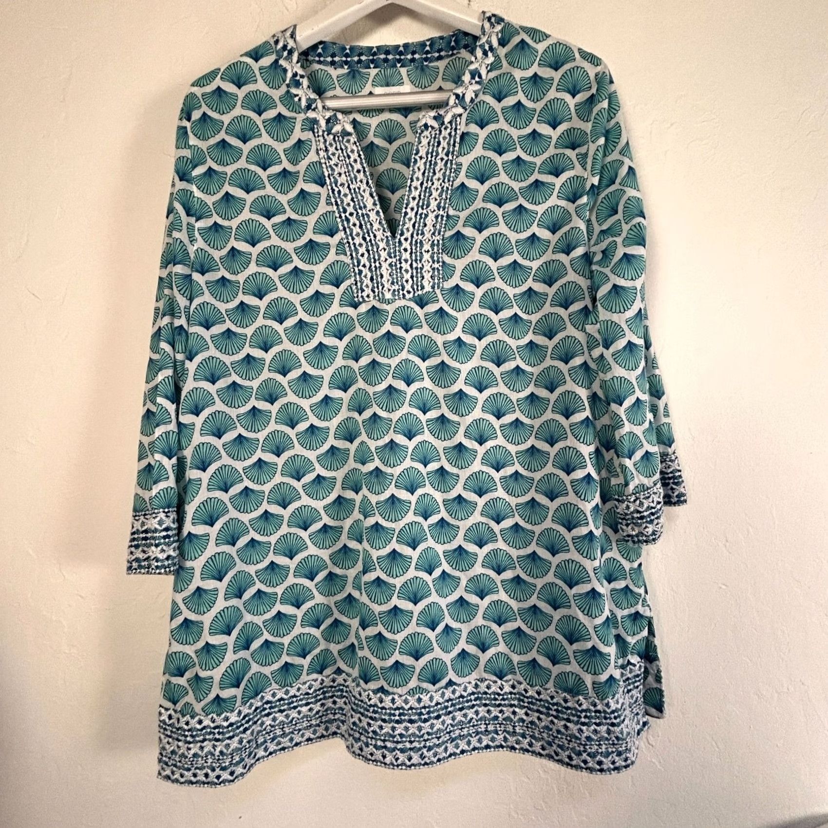 Vintage Sigrid Olsen Womens Blue & White Shell Print 3/4 Sleeve Tunic Top XL Cotton Size XL / US 12-14 / IT 48-50 - 2 Thumbnail