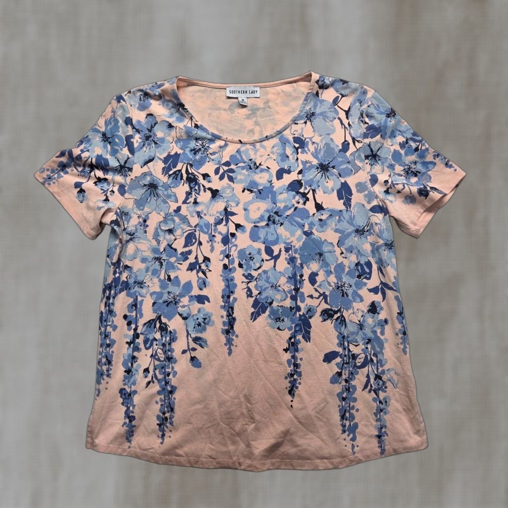 Vintage Southern Lady Shirt M Pink Blue Floral All Over Tee T-Shirt Casual V Neck Size M / US 6-8 / IT 42-44 - 1 Thumbnail