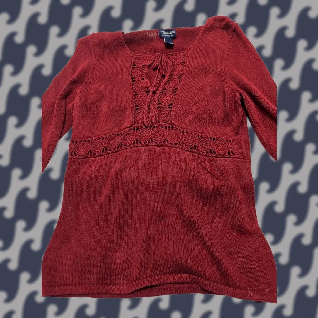 American Eagle Outfitters VINTAGE American Eagle Outfitters Bohemian Women’s Medium Red Crochet Lace Inset Blouse Size M / US 6-8 / IT 42-44 - 1 Thumbnail