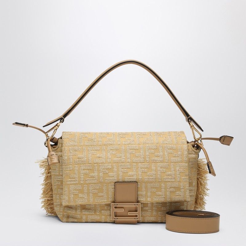 Fendi Medium Mamma Baguette Bag In Beige Jacquard Ff With Raffia, Women's
