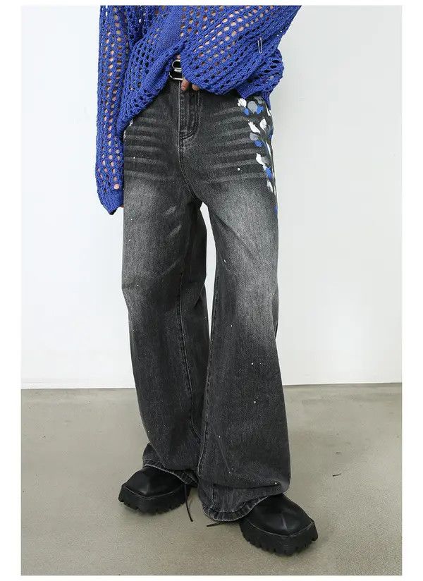 Japanese Brand Men's street retro washed ink-splashed trendy jeans Size US 32 / EU 48 - 2 Thumbnail