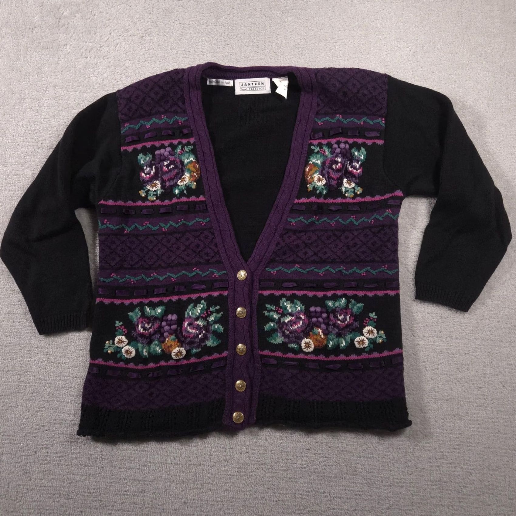 Jantzen VINTAGE Jantzen Cardigan Sweater Womens Large Black Purple Embroidered 90s Size L / US 10 / IT 46 - 2 Thumbnail