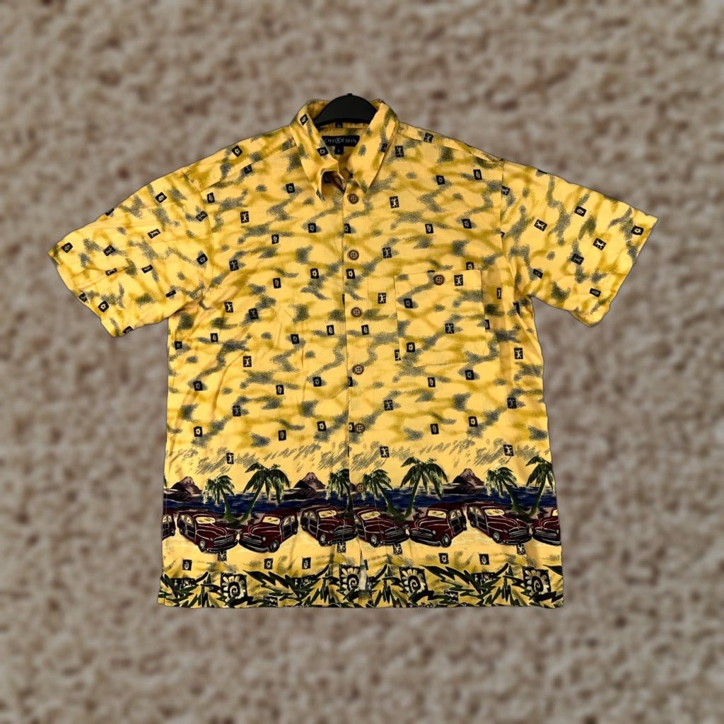 Vintage Chereskin Mens Leaf Yellow Button-Up Shirt Hawaii Aloha Beach Hawaiian Rayon Car Palm Floral Short Sleeve Regular Fit 40in Chest Men’s Shirt Size US L / EU 52-54 / 3 - 1 Thumbnail