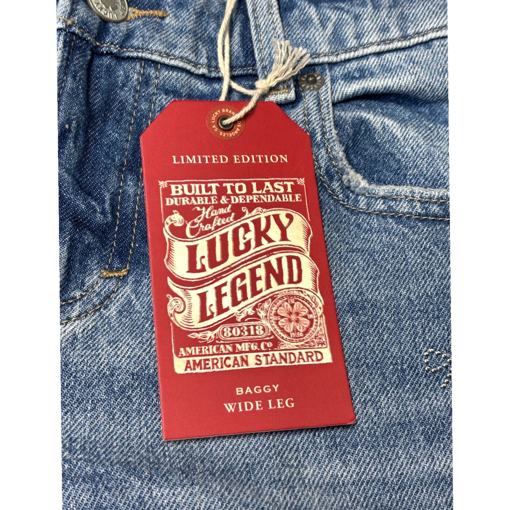 Lucky Brand Lucky Brand Lucky Legend Baggy Wide Leg Jeans Rhinestone Bow 32x32 NWT Women Blue Denim 26 5-Pocket Distressed Vintage Bohemian Size 26" / US 2 / IT 38 - 3 Thumbnail