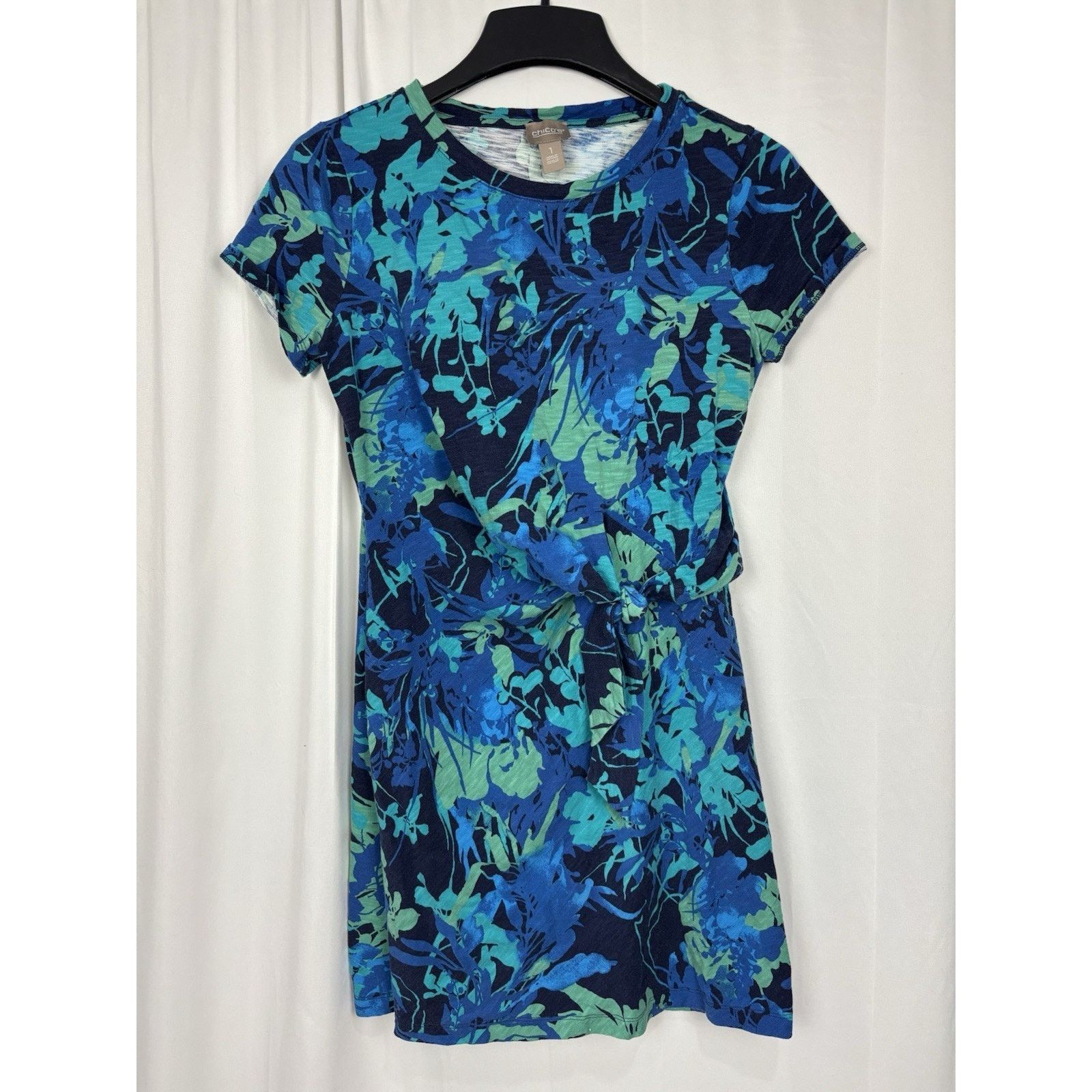 Chicos Chico’s Tie Front Blue Green Floral SS T-Shirt Dress S Size S / US 4 / IT 40 - 1 Thumbnail