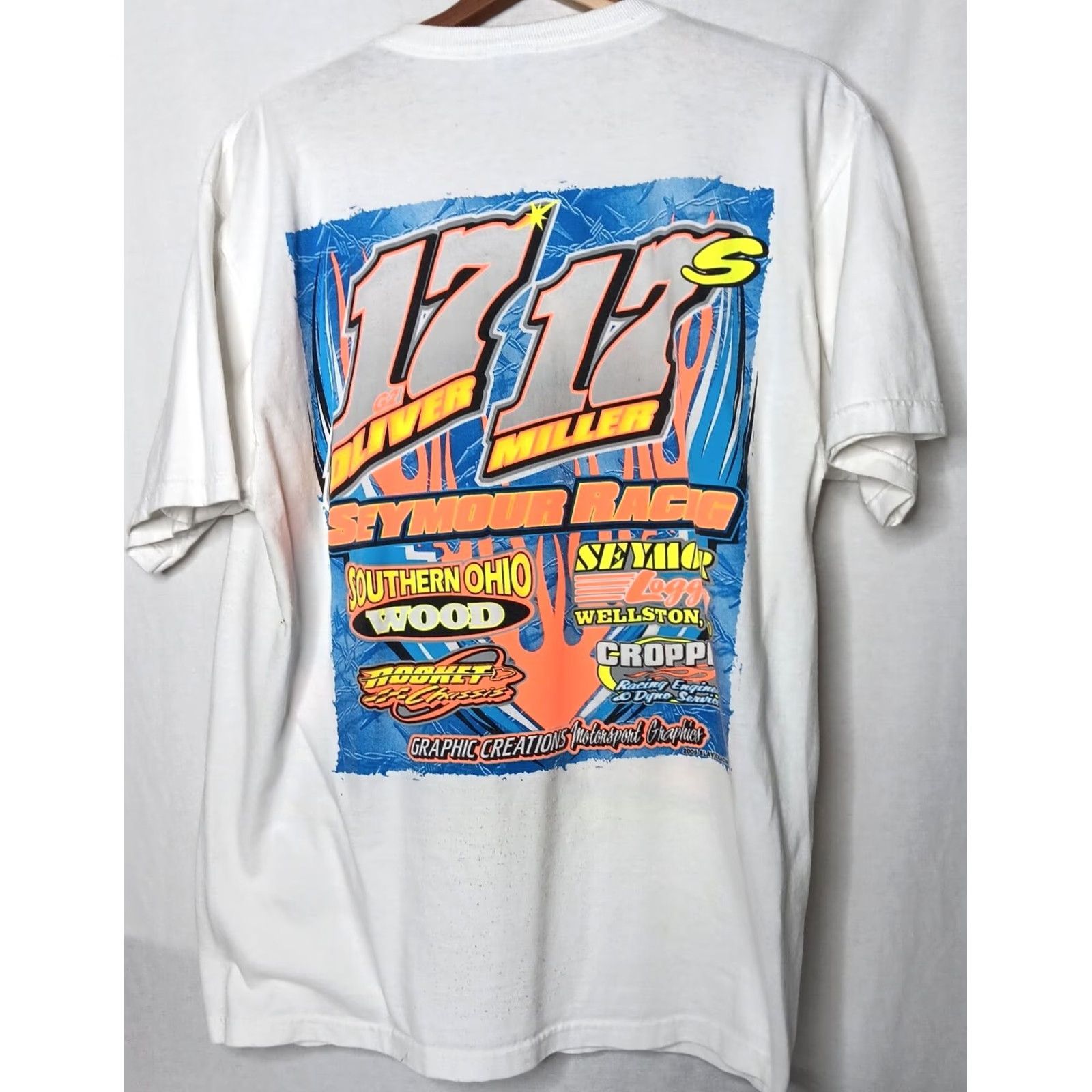 Fruit Of The Loom DJ Miller Race T Shirt L White Cotton Crew Neck Short Sleeve Men Stock Car Racing Elkins WV Motorsports Graphic Print 2000s Size US L / EU 52-54 / 3 - 3 Thumbnail