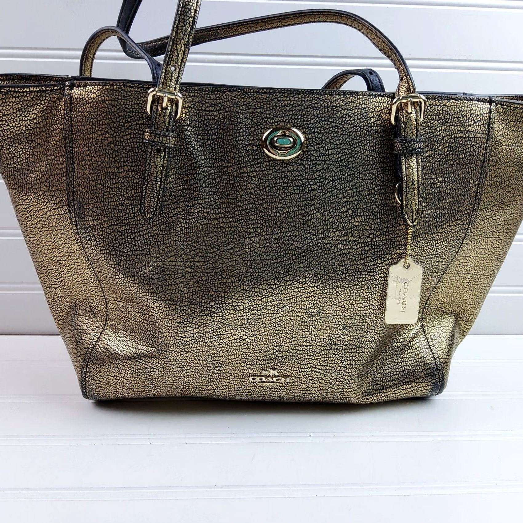 Coach Coach Tote Handbag Purse Metallic Leather Turn Lock Gold Leather Exterior Tote Women Size ONE SIZE - 2 Thumbnail