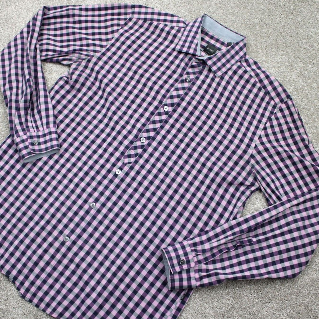 Hugo Boss HUGO BOSS Button-Up Shirt Mens L Pink/Purple/Black 100% Cotton L/S Check Casual Business 100% Cotton L/S Button Up Size US L / EU 52-54 / 3 - 4 Thumbnail