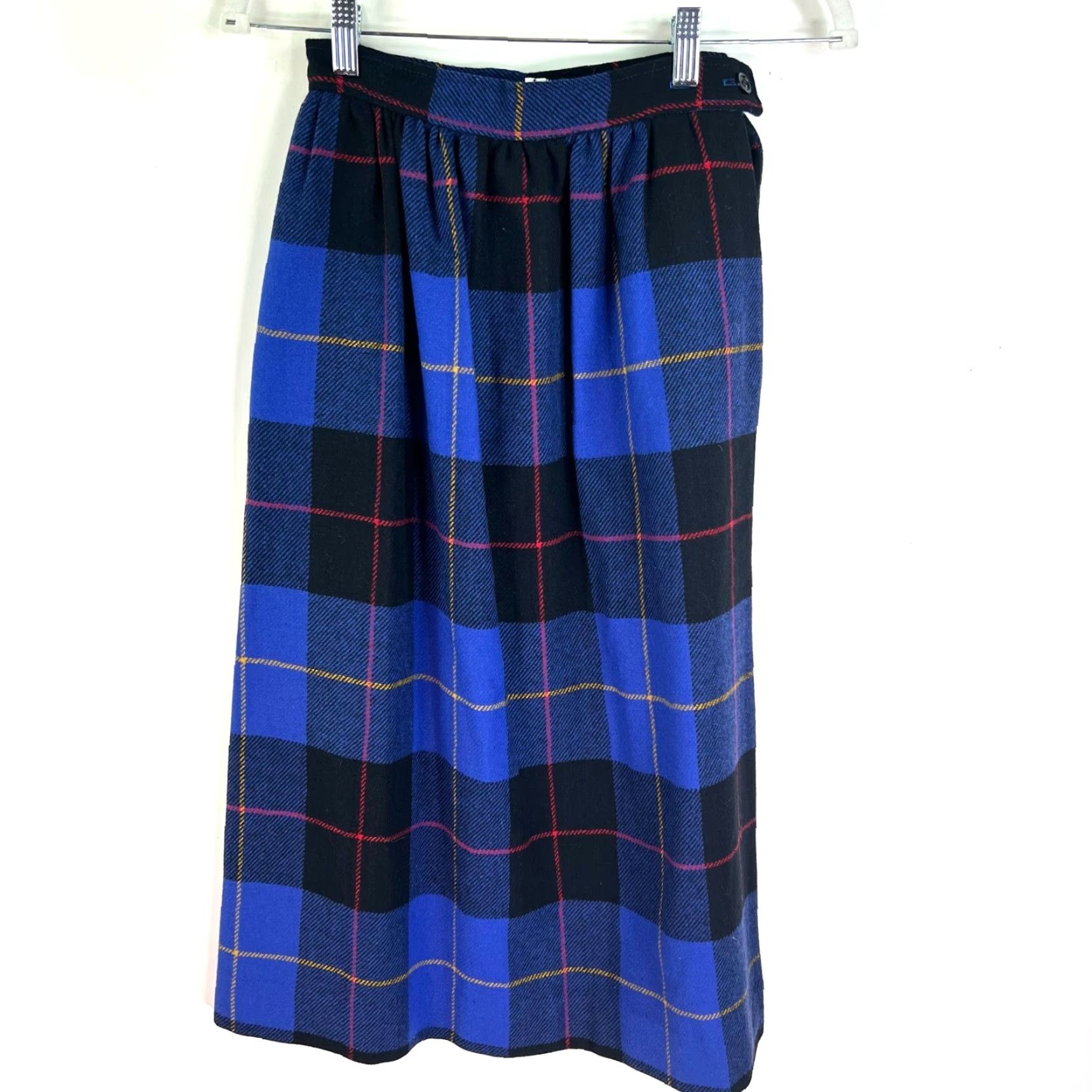 Vintage VINTAGE 100% WOOL Pleated A-Line Skirt - Blue Check Tweed Button Side Midi Women Size 4 USA Brand Unbranded Women Size 27" / US 4 / IT 40 - 2 Thumbnail