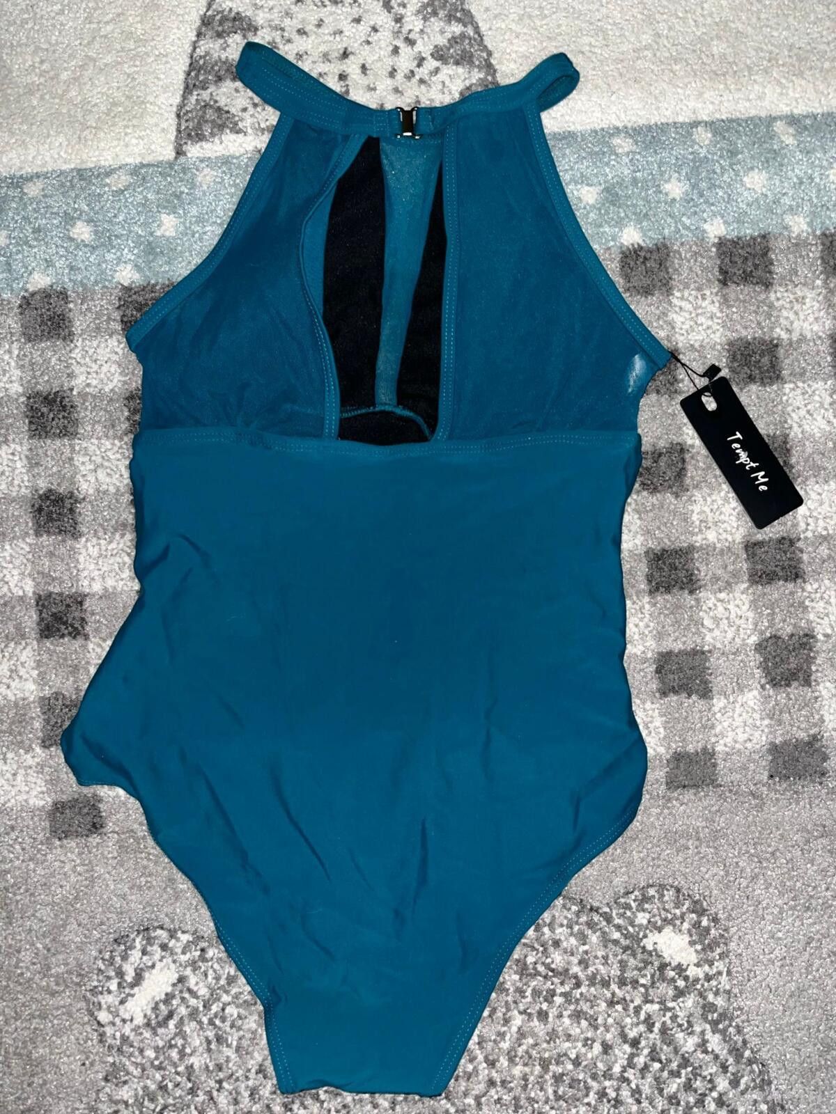 Other Chic Tummy Control High Neck Mesh One Piece Swimsuit Teal Size ONE SIZE - 7 Thumbnail