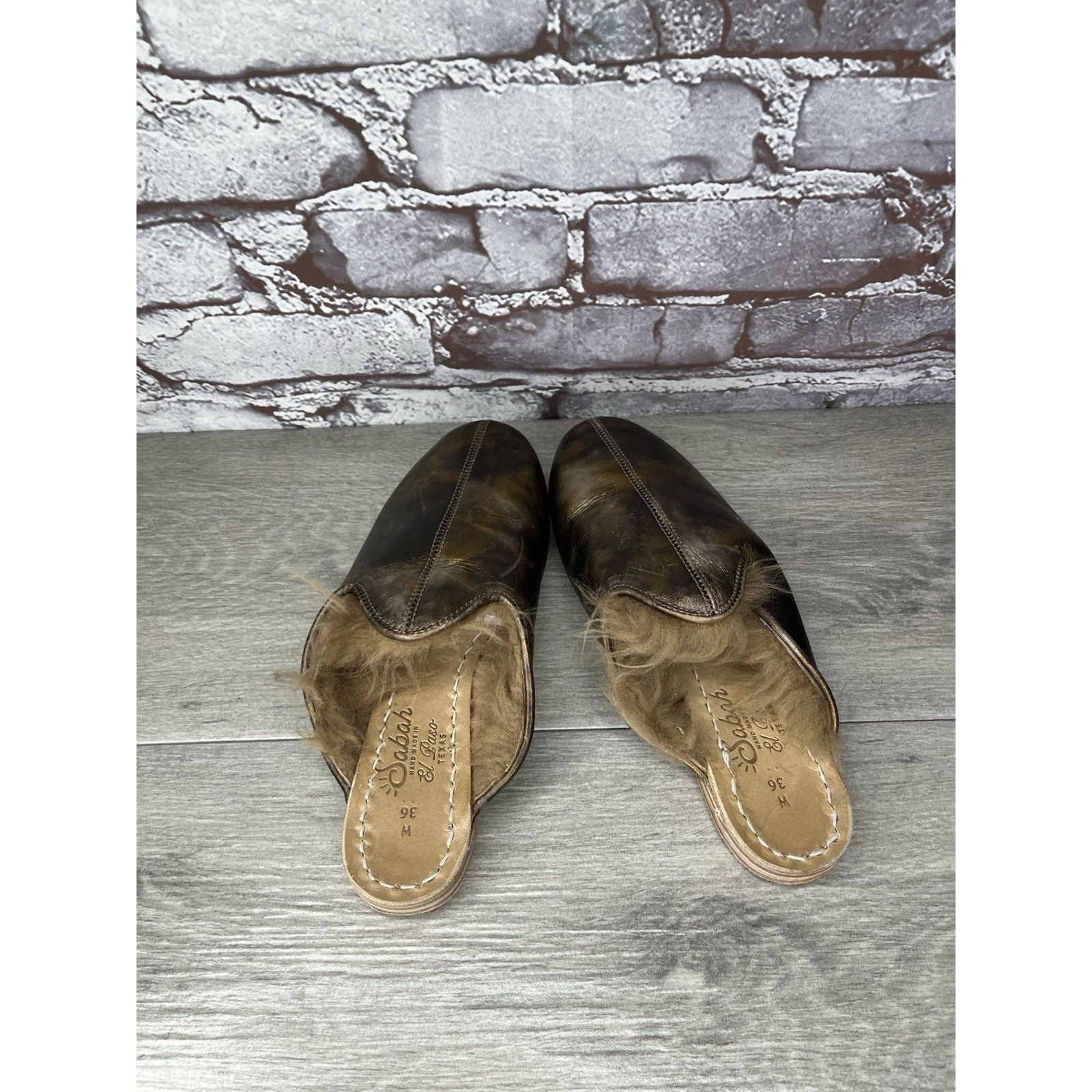 Saba Sabah Baba Big Bend Olive Shearling Bronze Slippers Mules Fl Size US 6 / IT 36 - 10 Thumbnail