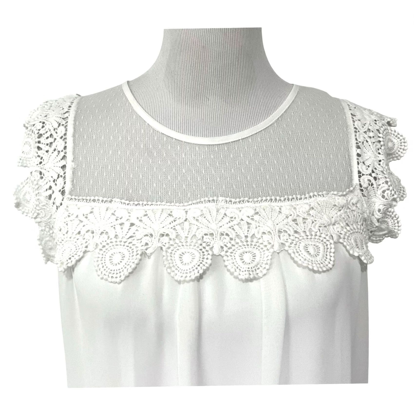 Vintage City Triangles Women's White Mini Shift Dress Chiffon Lace Trim Size M Mid 35" Length White Womens Shift Dress Size M / US 6-8 / IT 42-44 - 3 Thumbnail