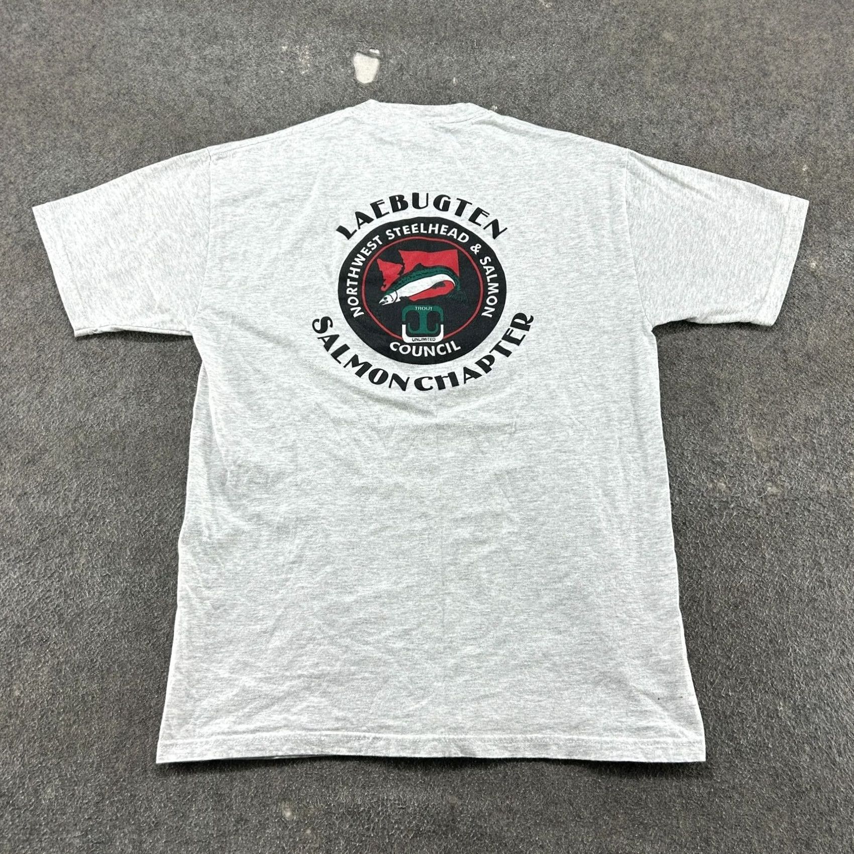 Jerzees VINTAGE Laebugten Salmon Chapter Shirt Mens L Grey Cotton Fishing Steelhead Y2K Size US L / EU 52-54 / 3 - 4 Thumbnail