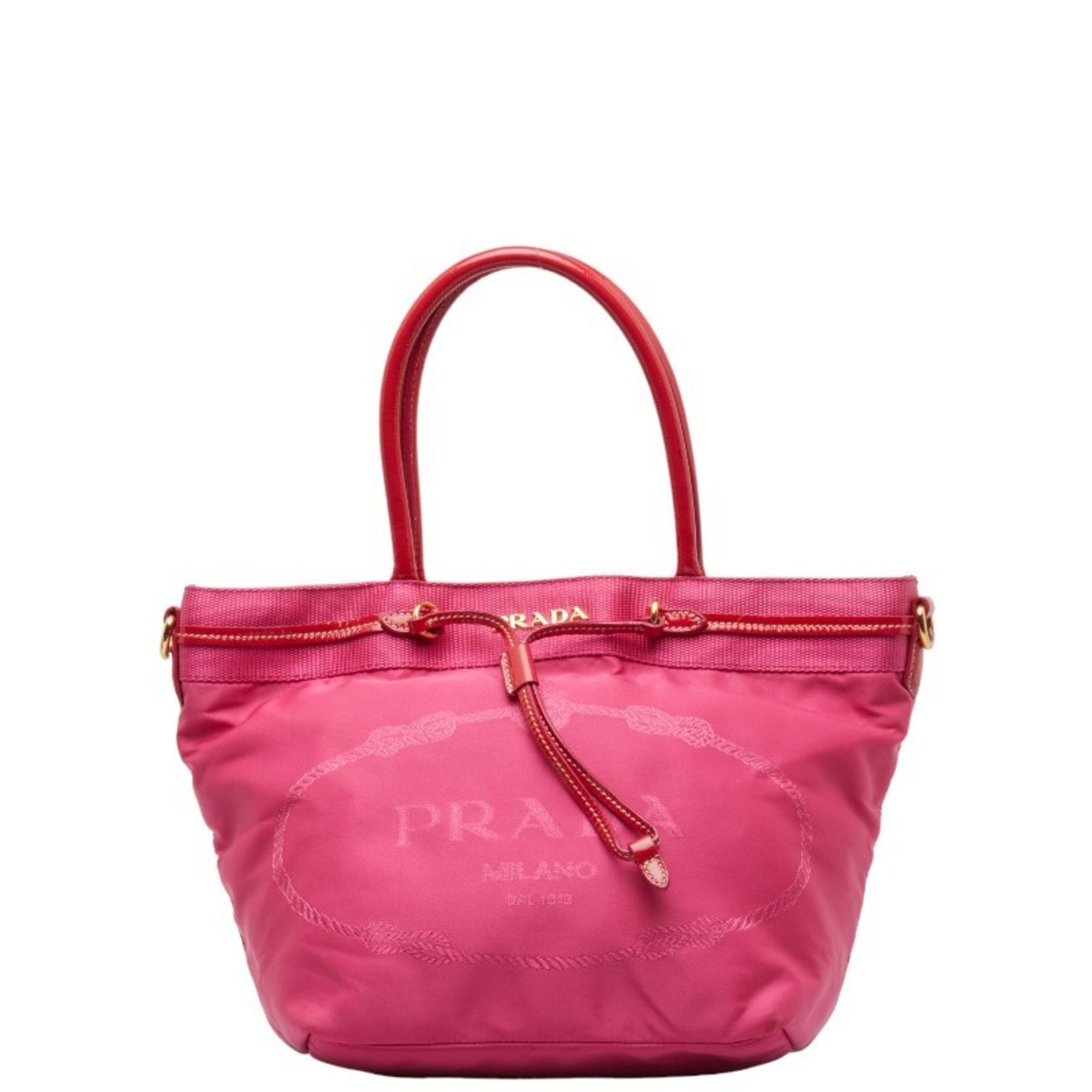 image of Prada Jacquard Handbag Pink Red Nylon Patent Leather Women's Prada