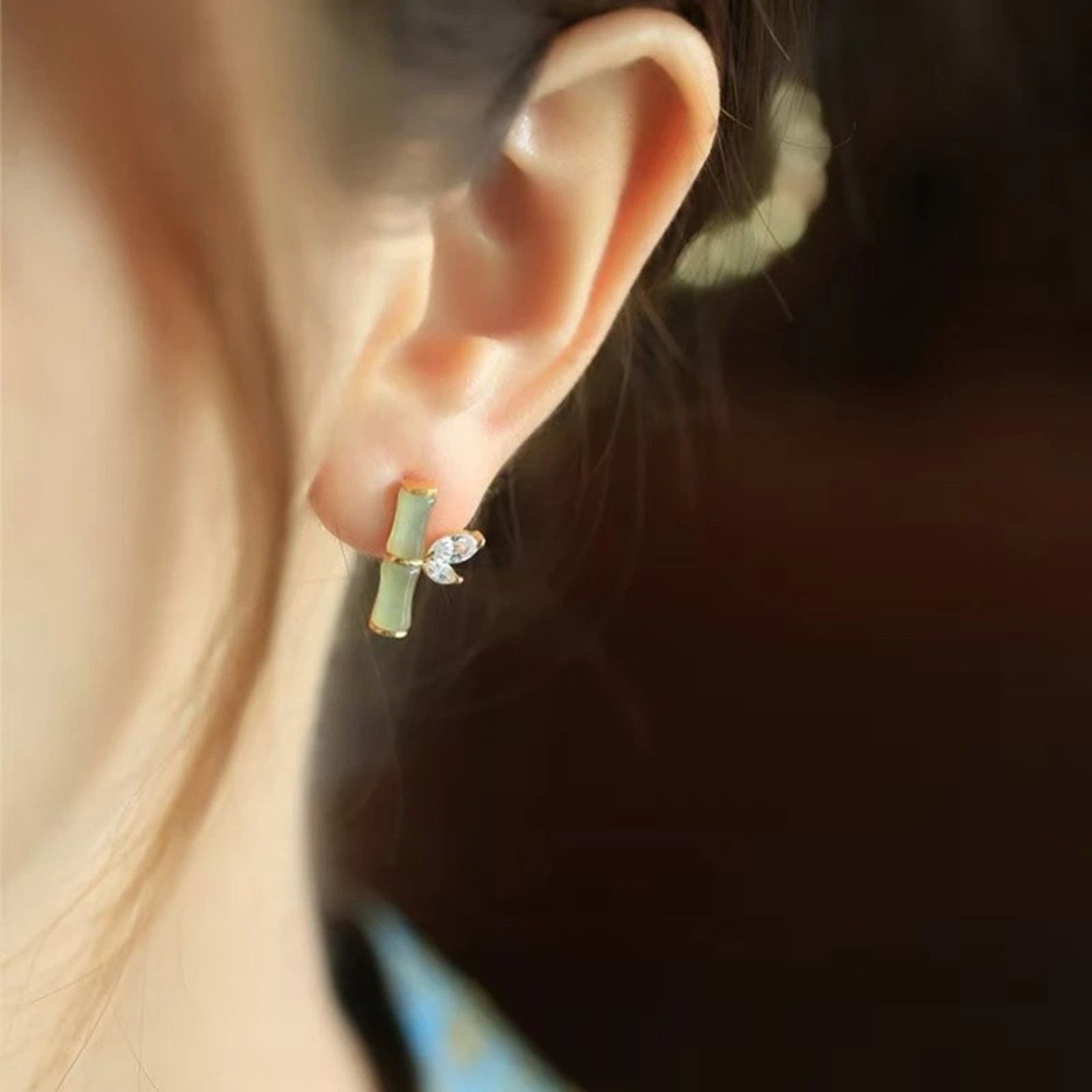 Other Dainty Elegant Bamboo Faux Jade Stud Earrings Crystal Accent Size ONE SIZE - 4 Thumbnail