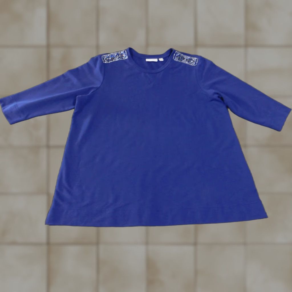 Vintage Susan Graver Shirt Womens 1X Blue Beaded Embellished Shoulder 3/4 Sleeve Pullover Top Size XL / US 12-14 / IT 48-50 - 1 Thumbnail
