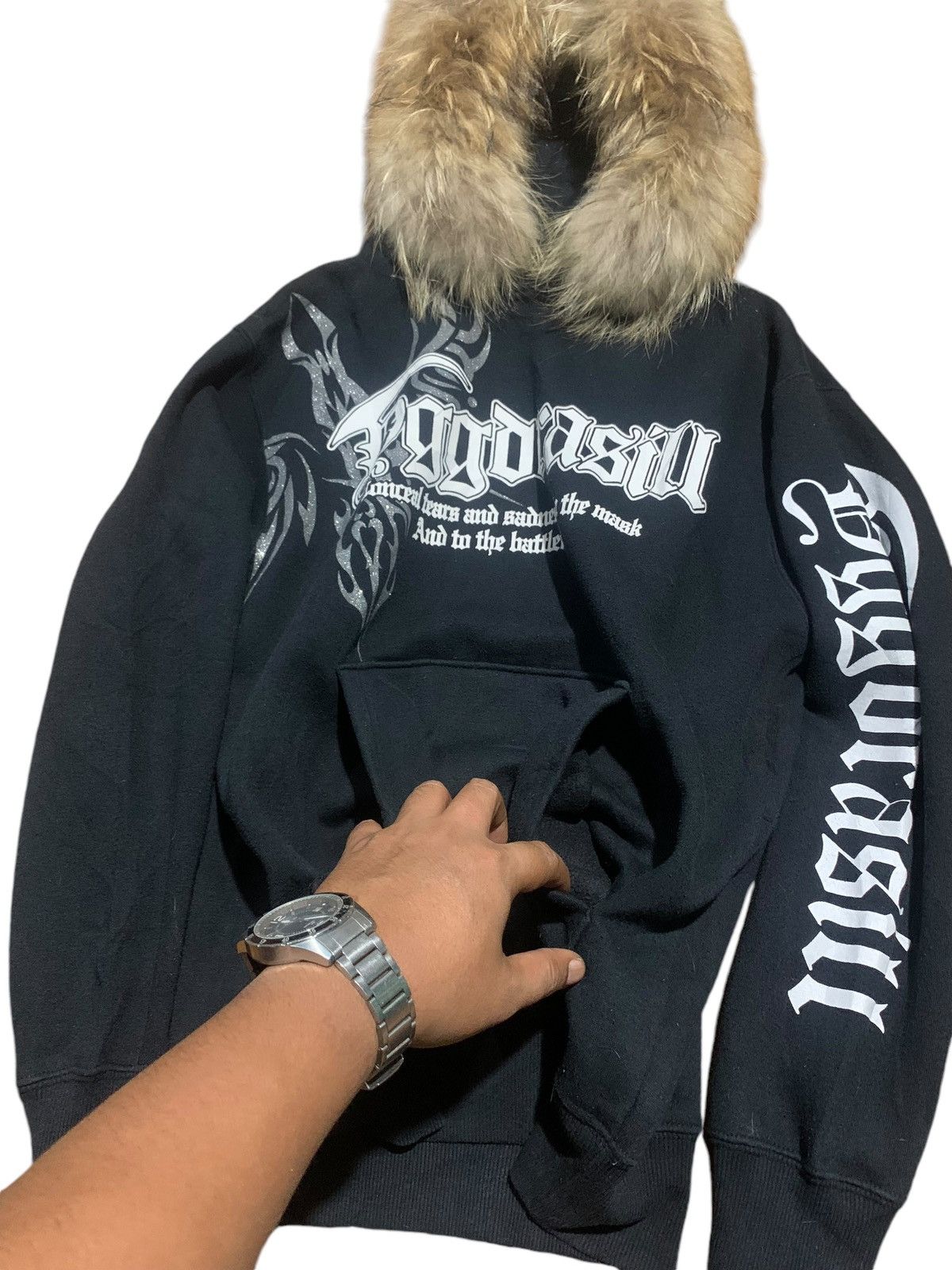 20471120 Y2k Beaumere poem gothic punk tribal fur hoodie pullover Size US L / EU 52-54 / 3 - 6 Thumbnail