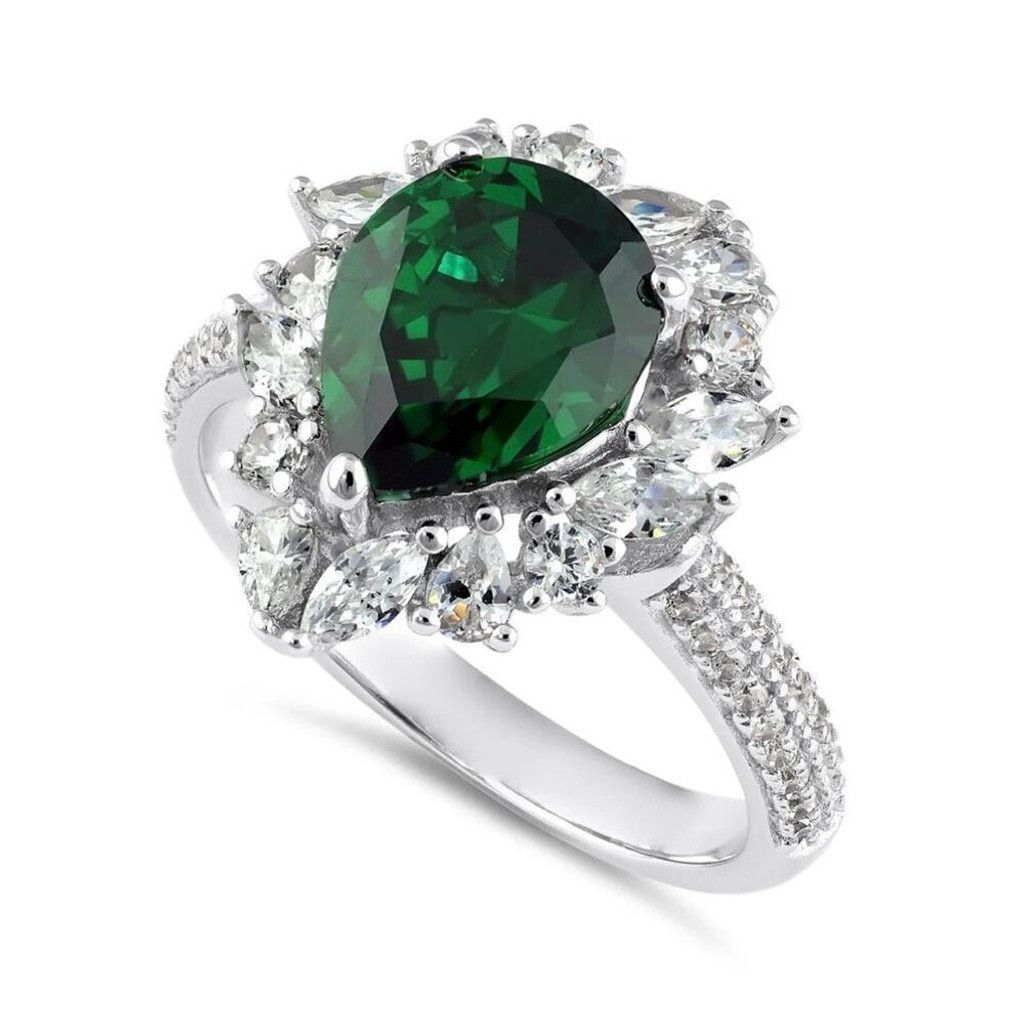 Other New Sterling Silver Pear Cut Emerald CZ Halo Ring Size 10 Size ONE SIZE - 1 Thumbnail
