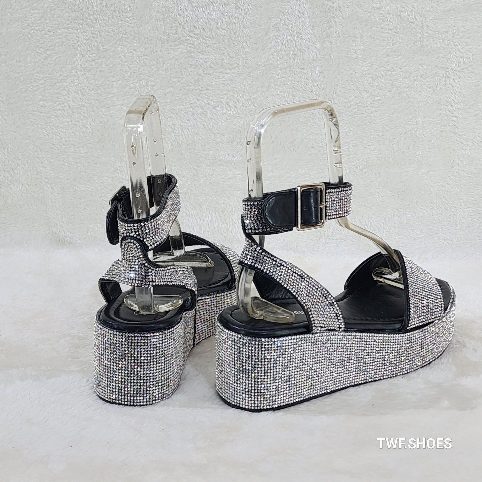 Other Flashy Black Ankle Strap Sparkling Rhinestone Wedge 2" Platf Size US 10 / IT 40 - 3 Thumbnail