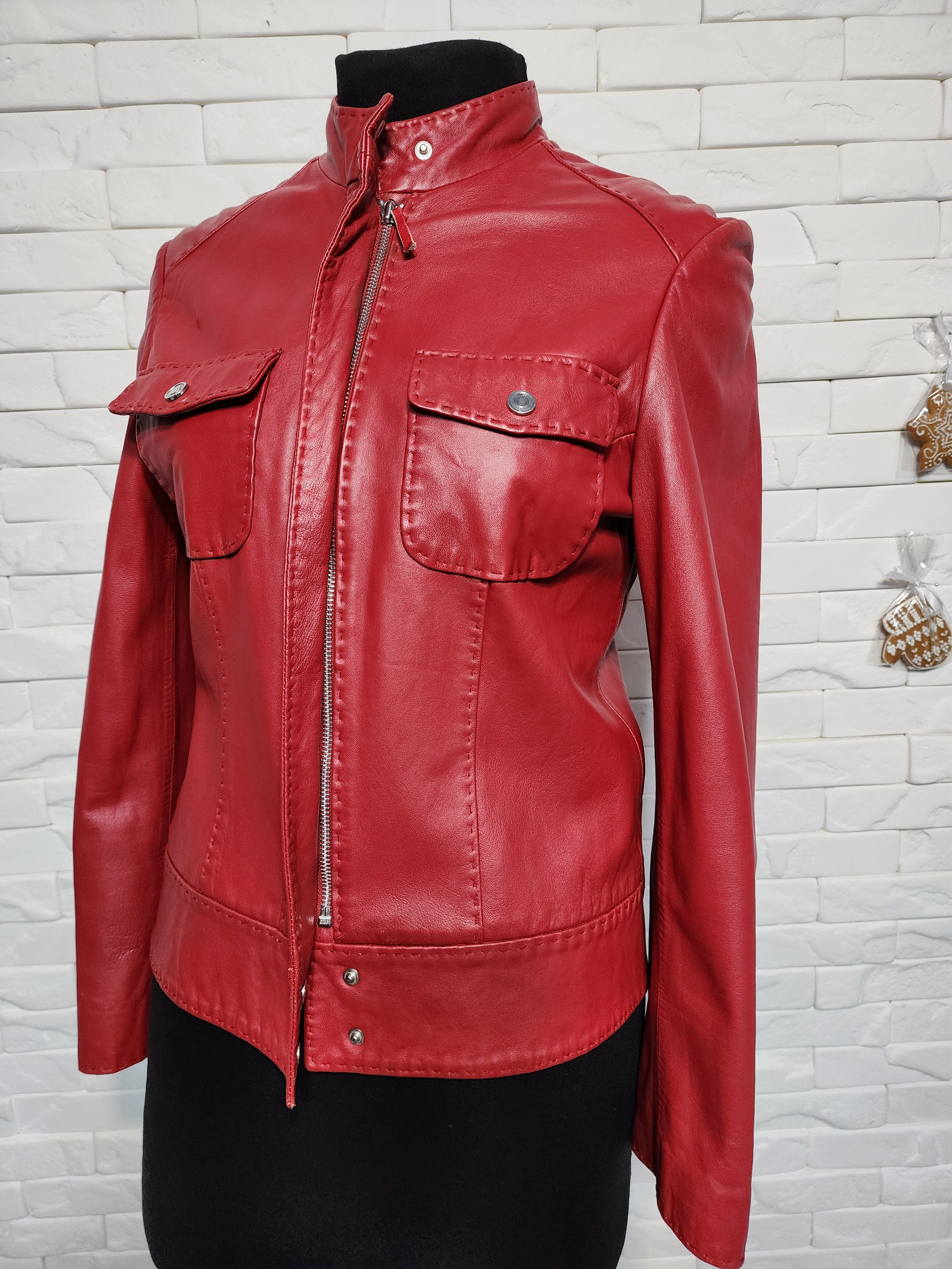 Other Red Leather Women's Jacket, Zippered Denim Style. Size M / US 6-8 / IT 42-44 - 2 Thumbnail