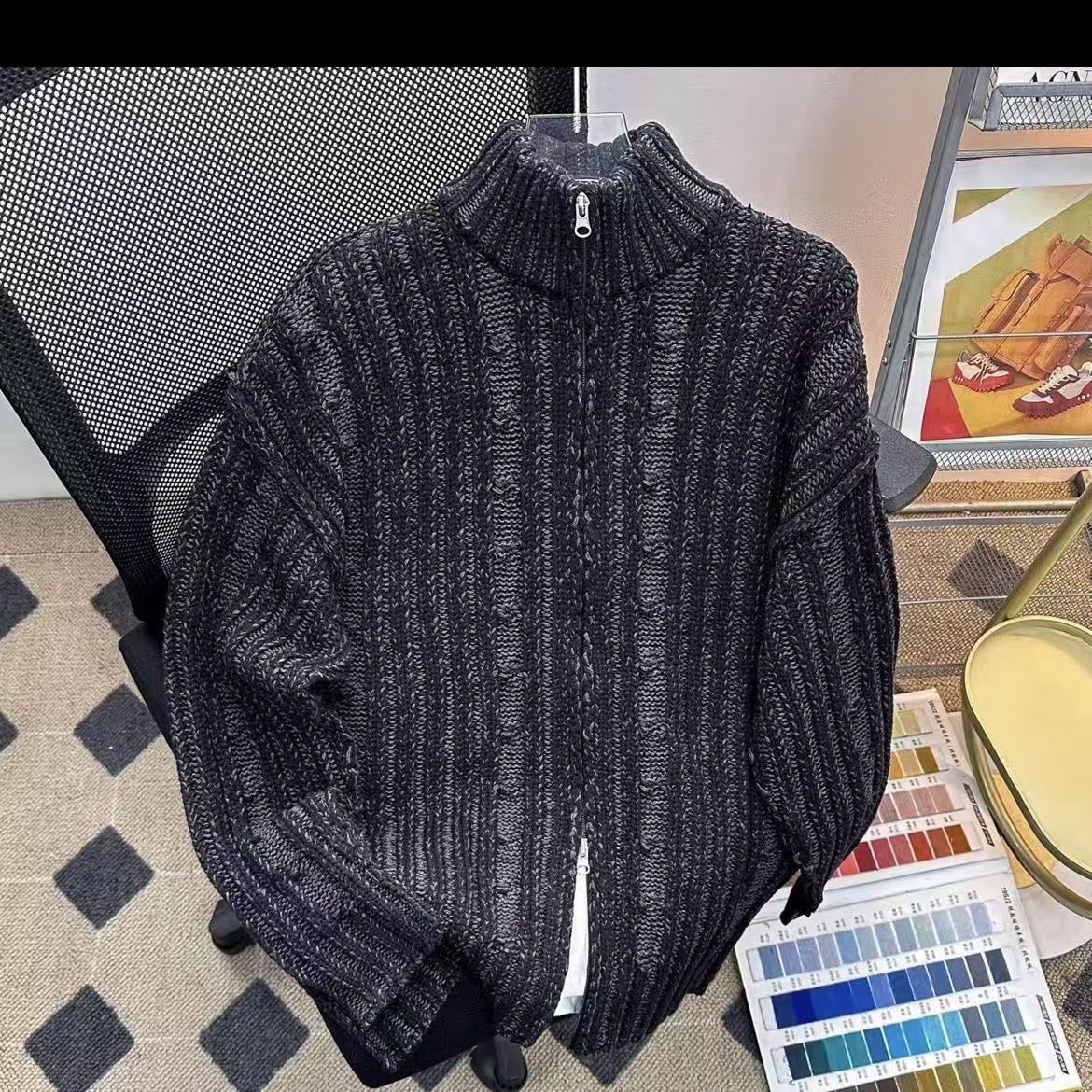 Vintage Heathered Grey Cable Knit Zip-Up Cardigan Size US M / EU 48-50 / 2 - 1 Thumbnail