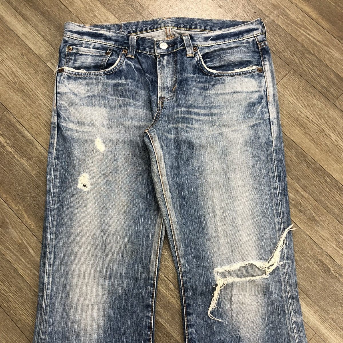 Edwin × If Six Was Nine × Le Grande Bleu (L.G.B.) 2000s Edwin 503 Distressed Punk Faded Bootcut Flared Jeans Size US 29 - 2 Thumbnail
