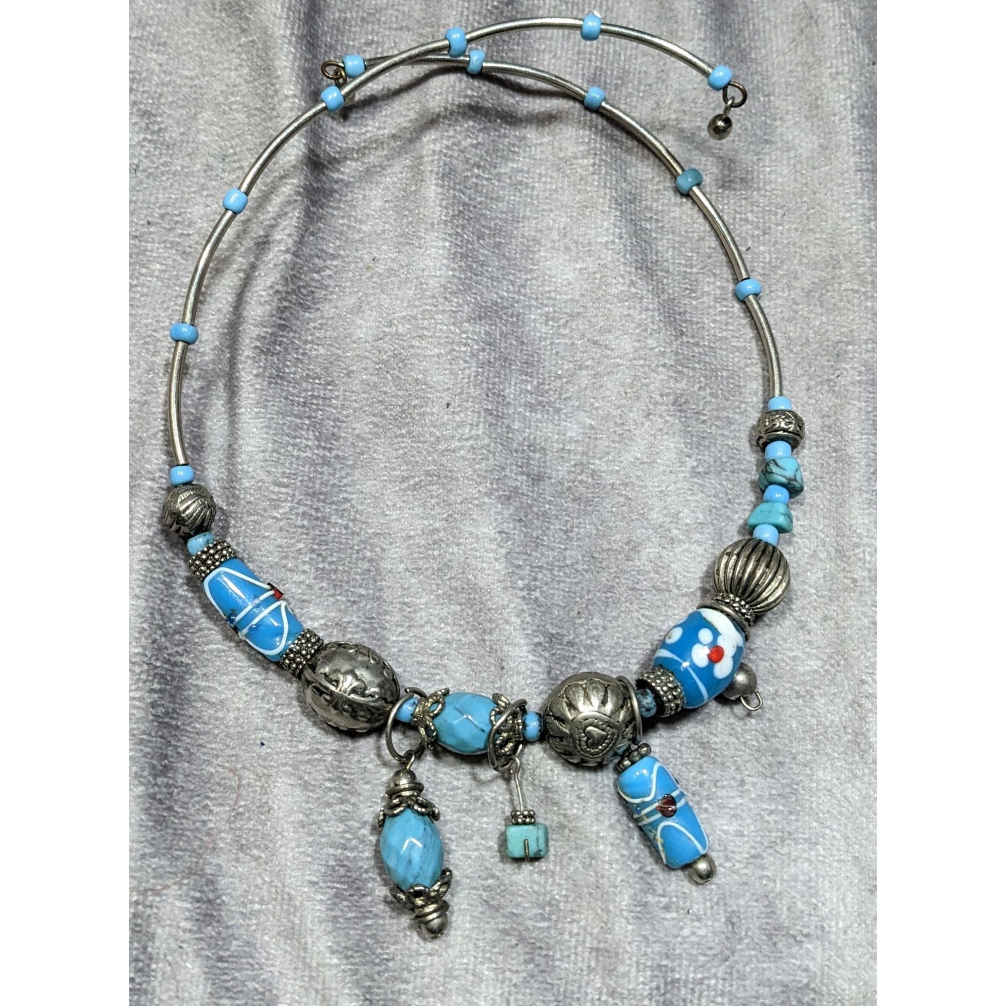 Handmade Handcrafted Beaded Necklace With Blue Glass Charms & Silver Size ONE SIZE - 5 Thumbnail