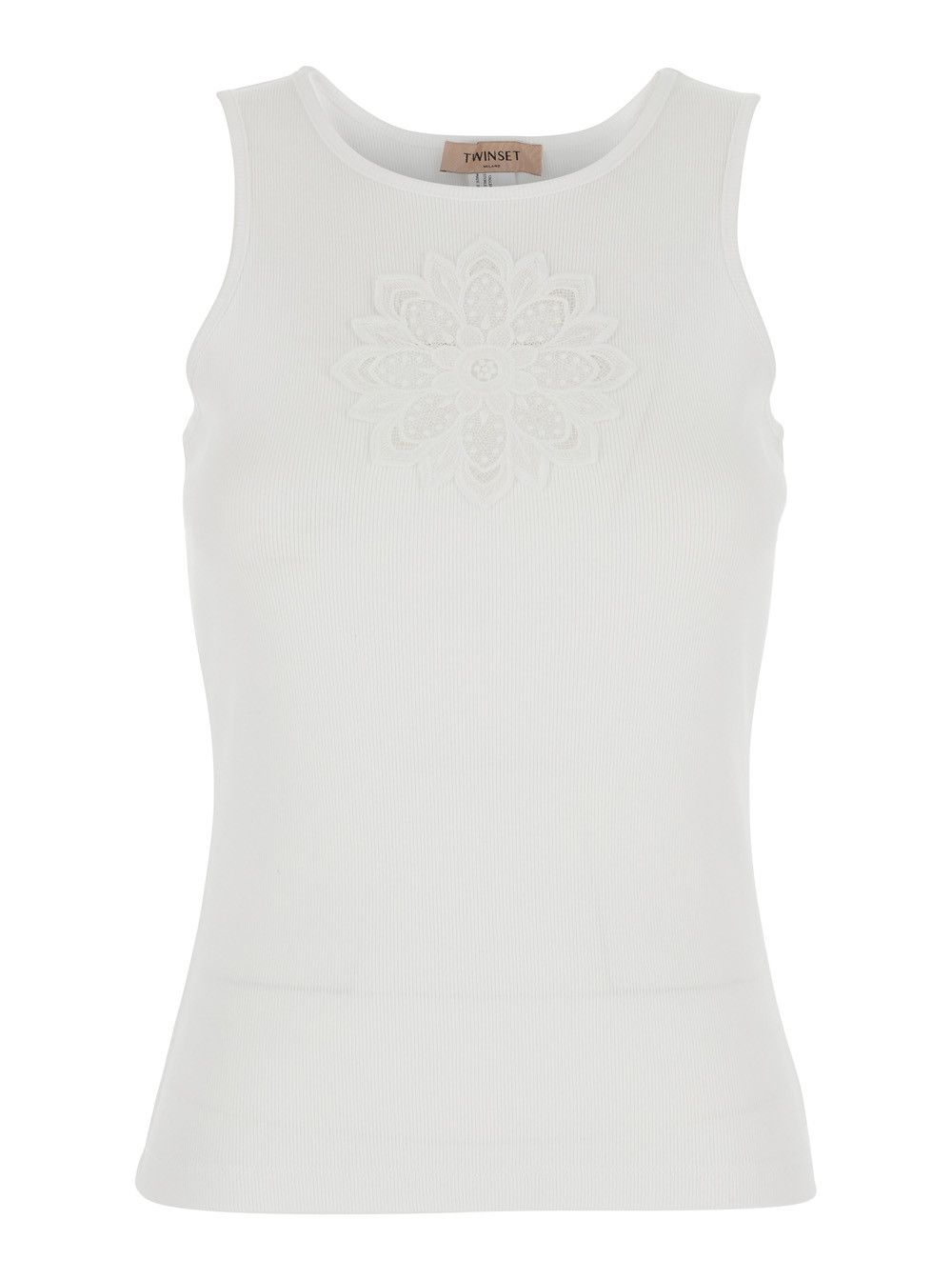 TWINSET Sleeveless Top with Tone-on-Tone Floral Embroidery in White Cotton for Women Size S / US 4 / IT 40 - 1 Thumbnail